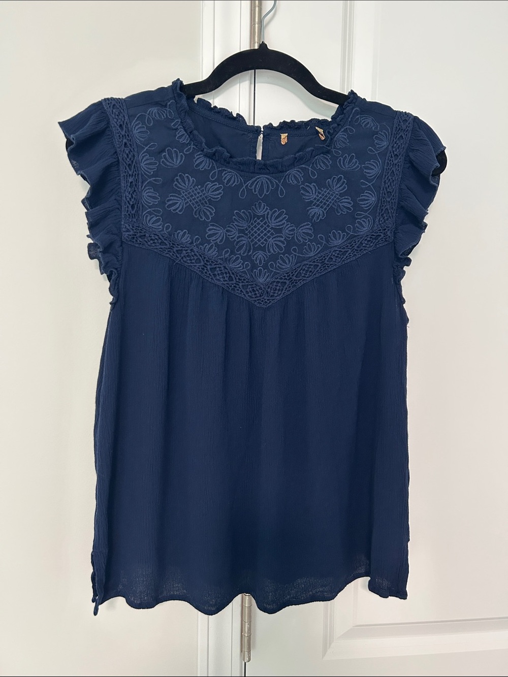 Democracy Navy Embroidered Ruffle Sleeve Camisole